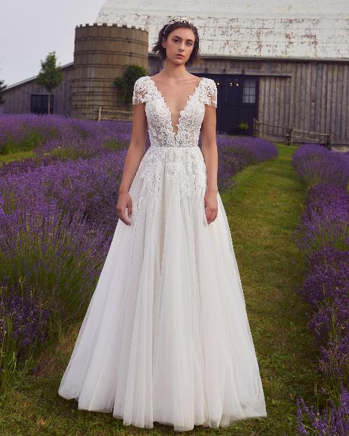 La24117 simple lace wedding dress with sleeves and long tulle train1